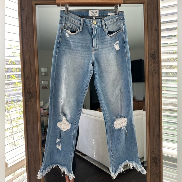 FRAME le Nouveau Straight High Rise Distressed Raw Stiletto Hem Crop - Picture 1 of 4